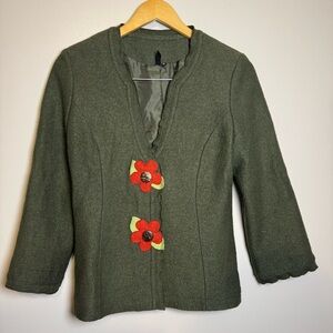 Ambition Short Jacket Floral Applique Size M Wool Blend 3/4 Sleeve Lined Green